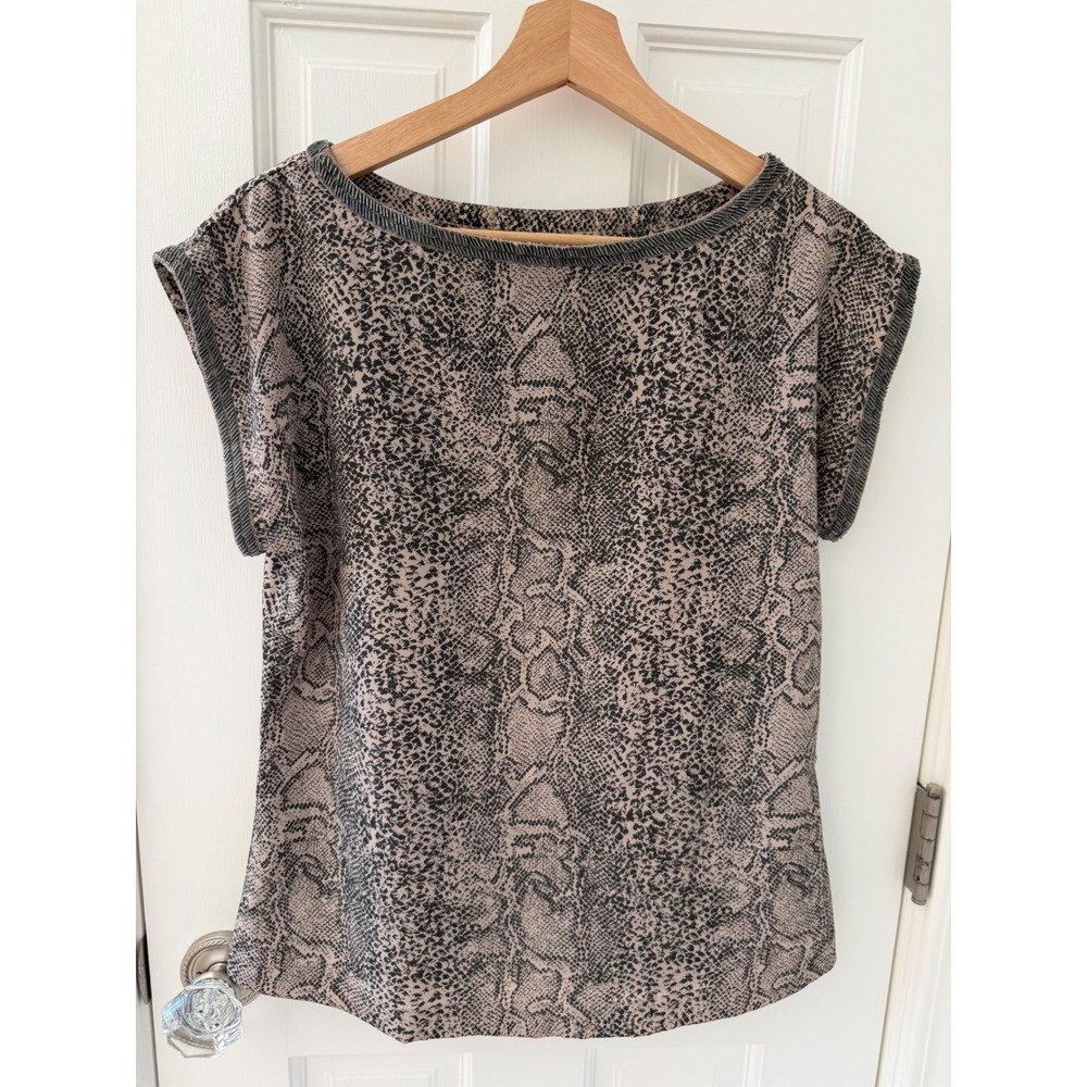 Dalia Collection Snakeskin Print Beaded Trim Cap Sleeve Top Brown Gray Small